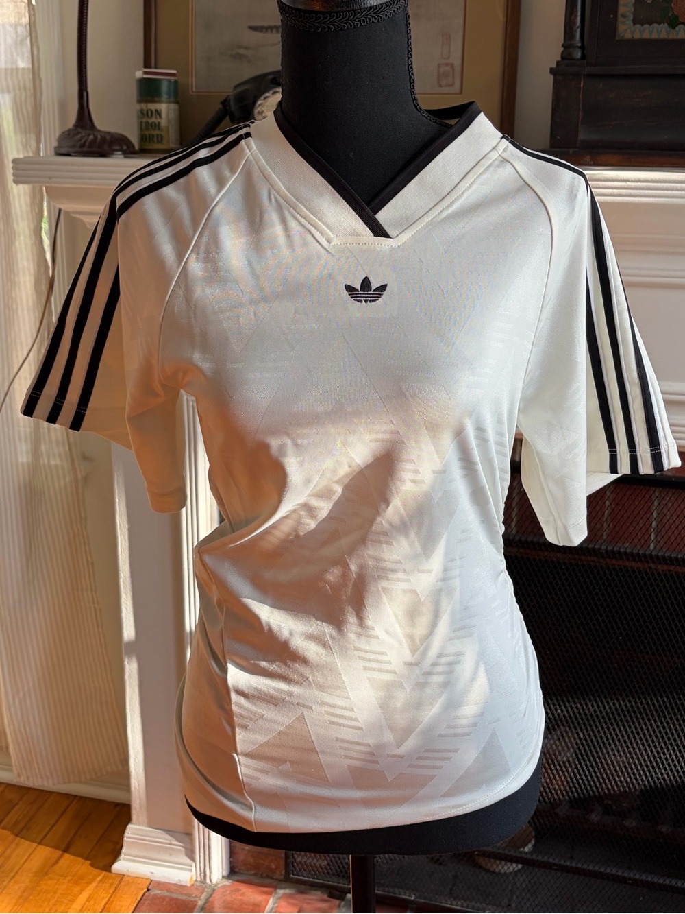 adidas White V-Neck Women’s Jersey with Black Three-Stripes